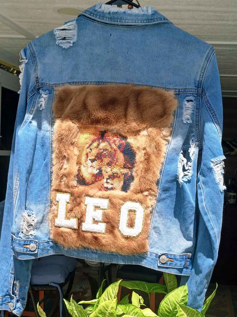 Almost Famous Blue Denim Jacket with Brown Faux Fur Leo Patch Lg